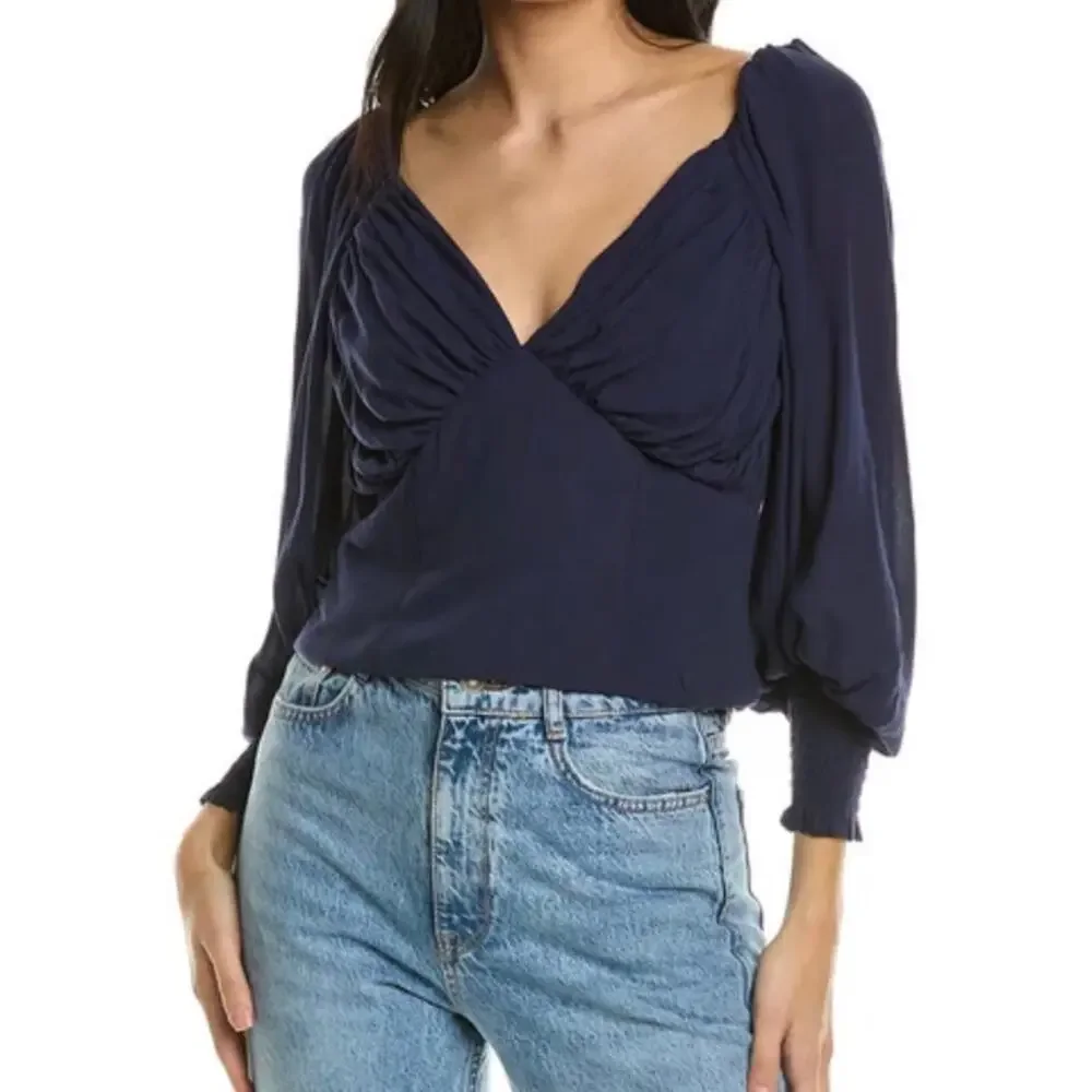Hutch Navy Reni V Neck Long Balloon Sleeve Crop Top Small NWT